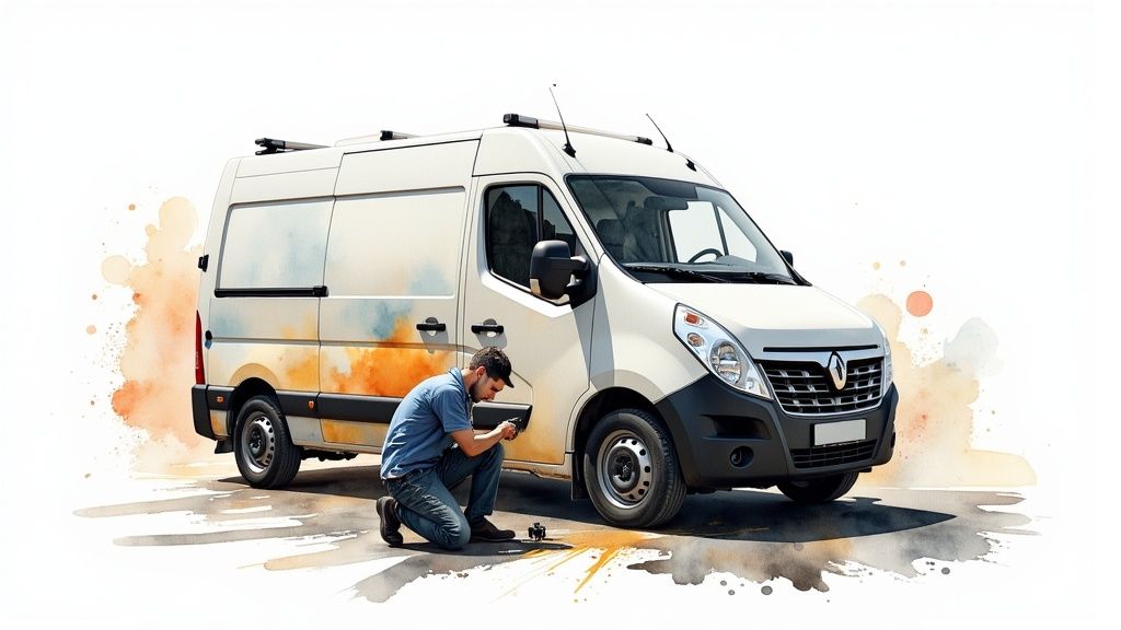 A man kneels beside a white delivery van, appearing to inspect or repair it, in a watercolor style.