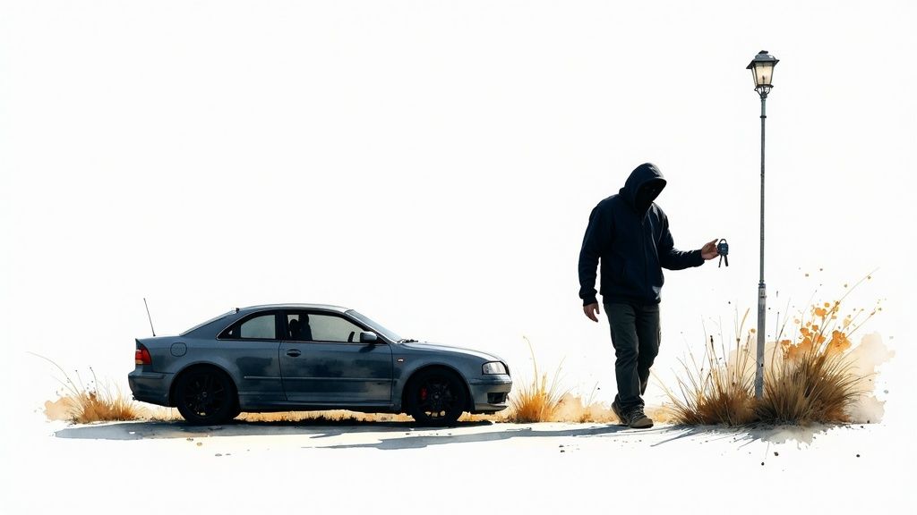 A hooded figure with an obscured face holds car keys while walking past a grey car.