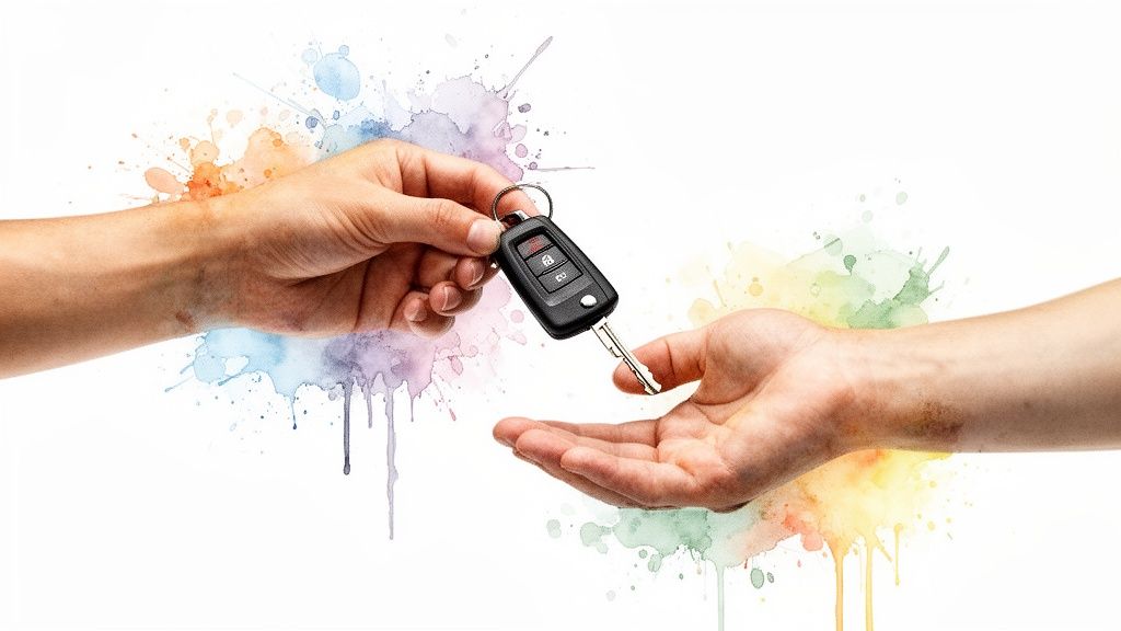 Two hands exchange a modern car key with colorful watercolor splashes on a white background.