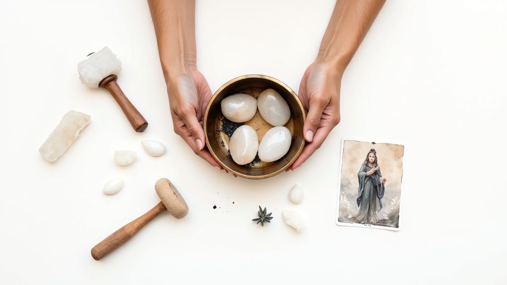 A person holds a brass bowl with polished white stones, surrounded by crystal mallets and a tarot card.