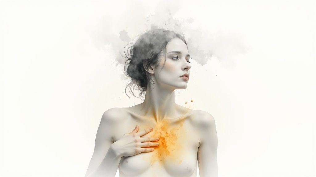 Monochromatic portrait of a woman with a vibrant orange heart area, surrounded by soft grey clouds.