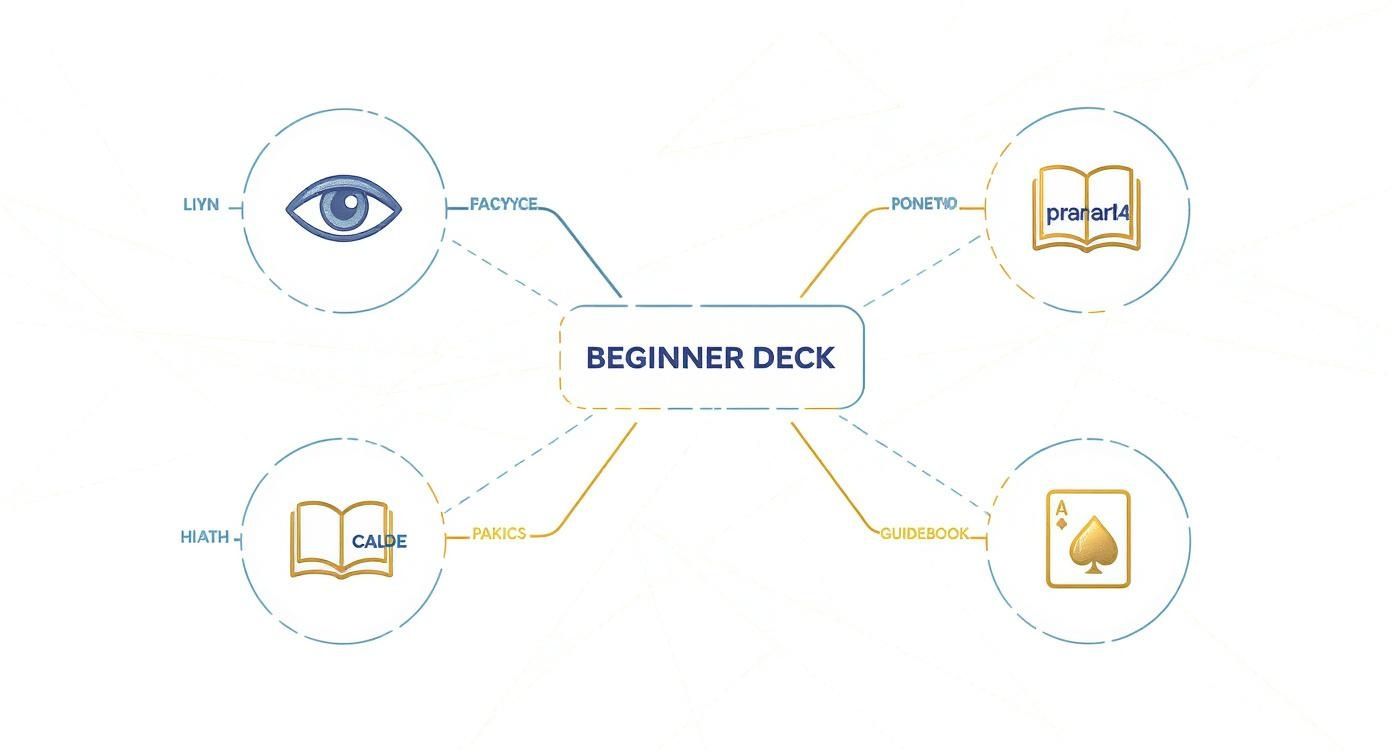A beginner deck mind map displaying interconnected concepts, text labels, and various symbolic icons.