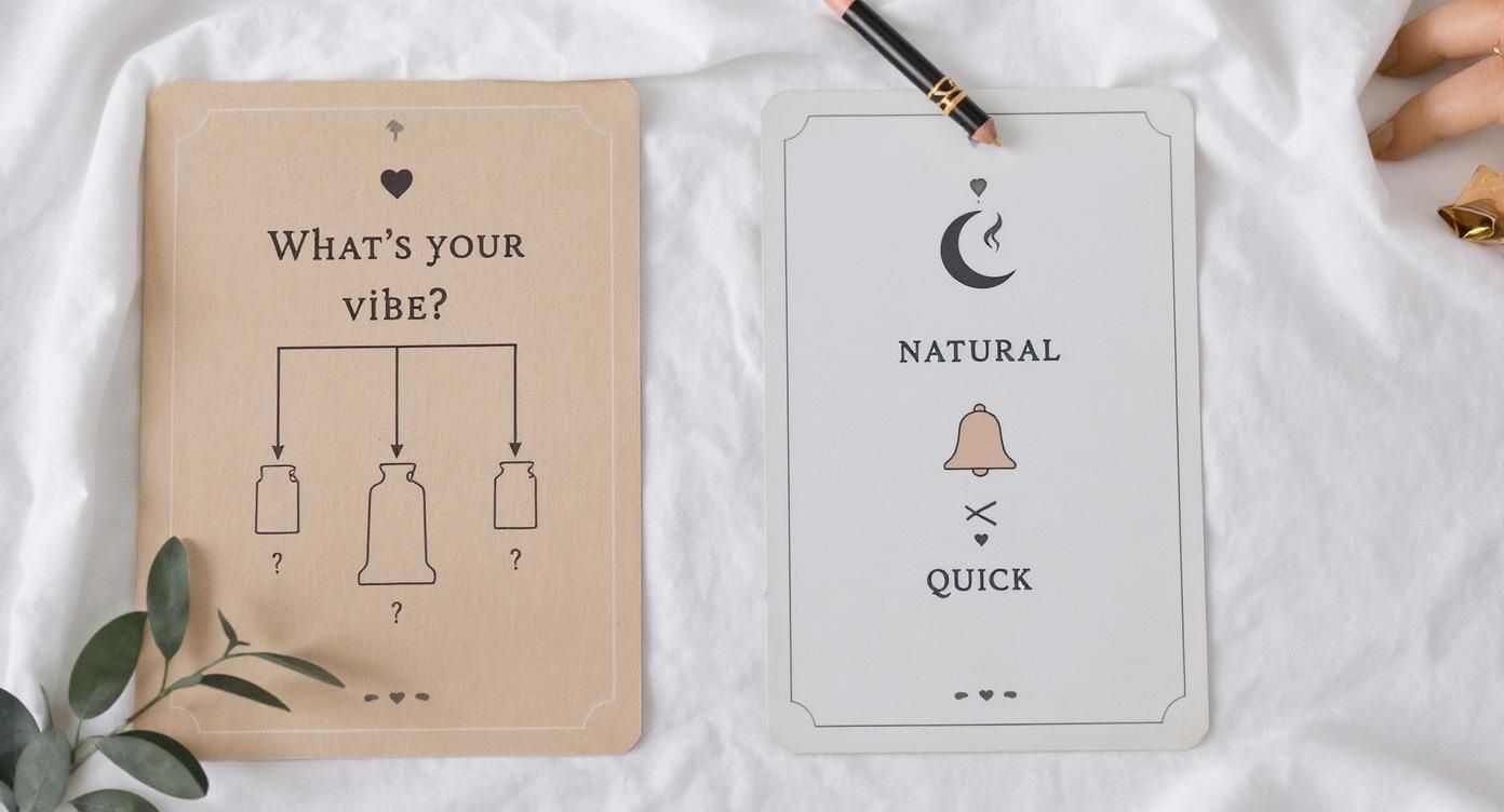 Two spiritual or self-reflection cards, one asking 'What's your vibe?' and another listing 'Natural Quick'.