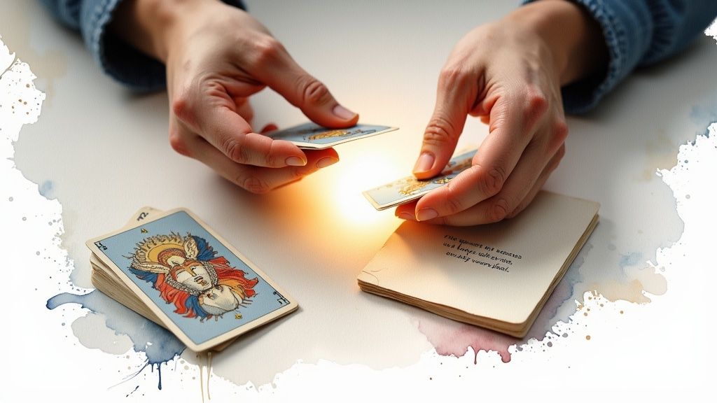 Two hands holding tarot cards over a glowing light, performing a card reading ritual.