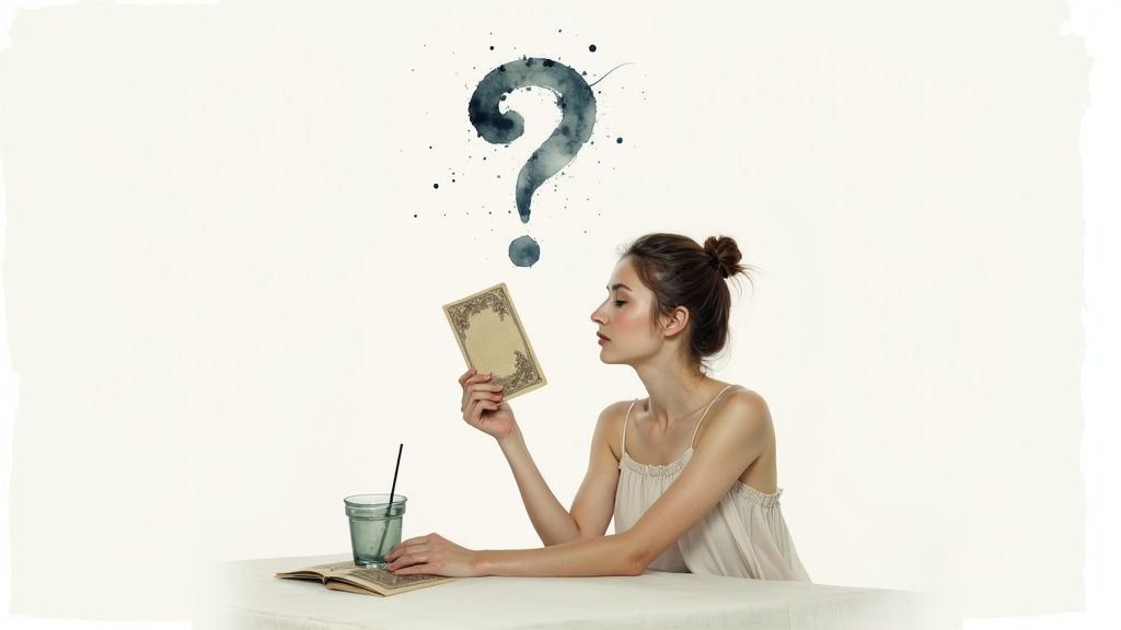 A young woman intently reads an old book, a watercolor question mark symbolizing deep thought.