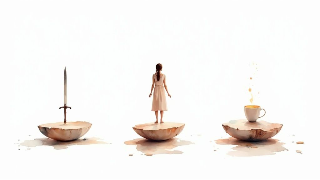 A minimalist watercolor image shows a woman choosing between a sword and a steaming teacup.