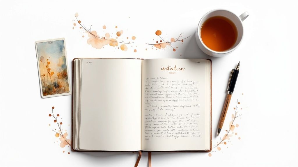 A cozy flat lay of an open journal, a tarot card, a pen, and a cup of tea.