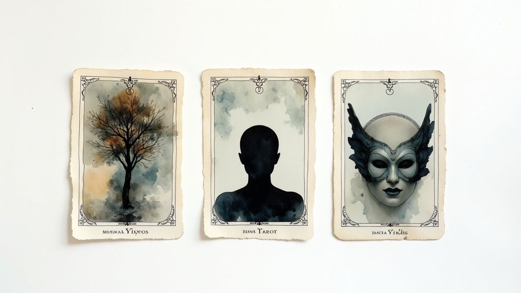 Three artistic watercolor tarot cards depicting a tree, a human silhouette, and a masked face.