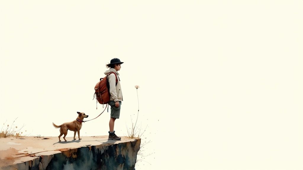 A person with a backpack and their dog stand on a cliff edge, looking towards a vast, light background.