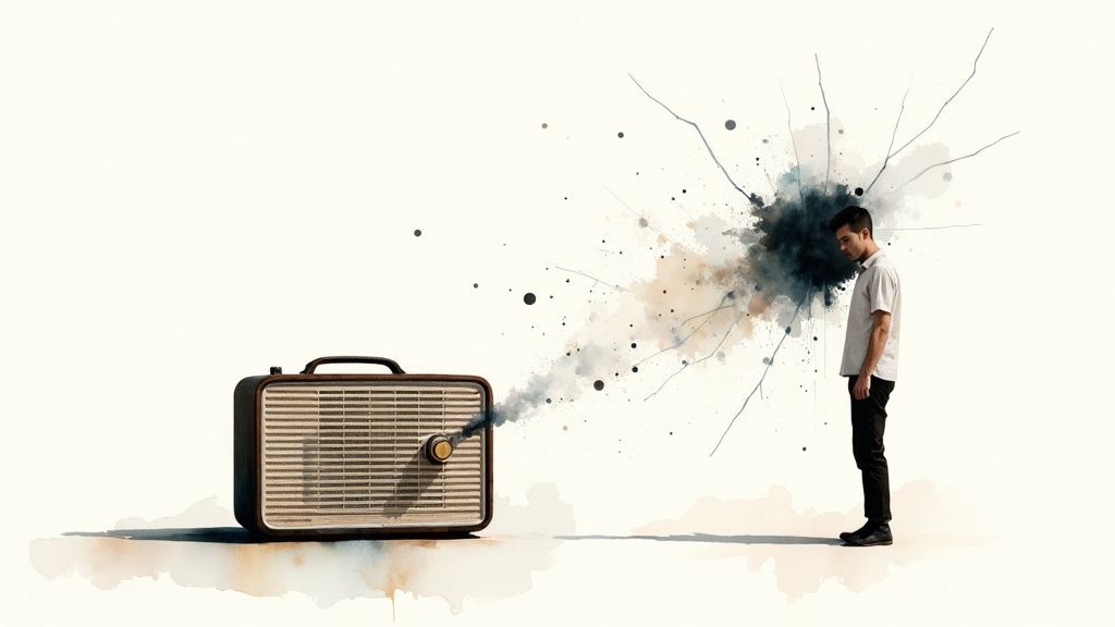 A man stands next to a vintage radio emitting dark, splattered smoke, symbolizing overwhelming thoughts or stress.