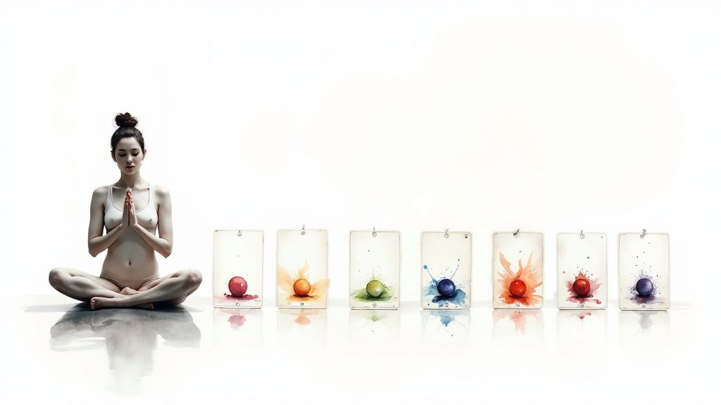A woman meditating in lotus position beside seven vibrant chakra art cards on a minimalist white background.