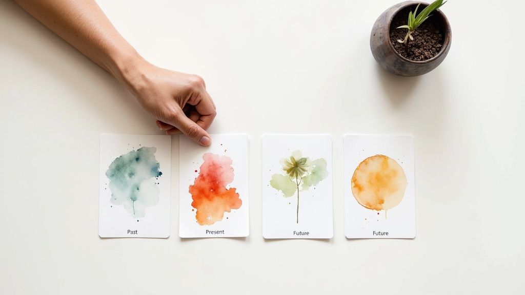 A hand selects a 'Present' card from a row of past, present, and future watercolor cards.