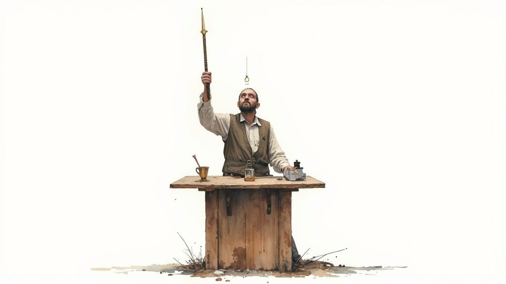 A bearded man in a vest holds an ornate staff upright, looking skyward behind a wooden table.