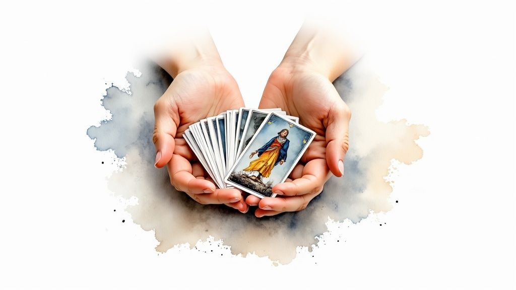 Cupped hands holding a fan of tarot cards, with one card featuring a figure in yellow and blue.