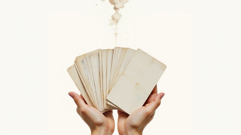 Hands holding a fan of vintage, blank, stained cards under a drippy coffee stain.