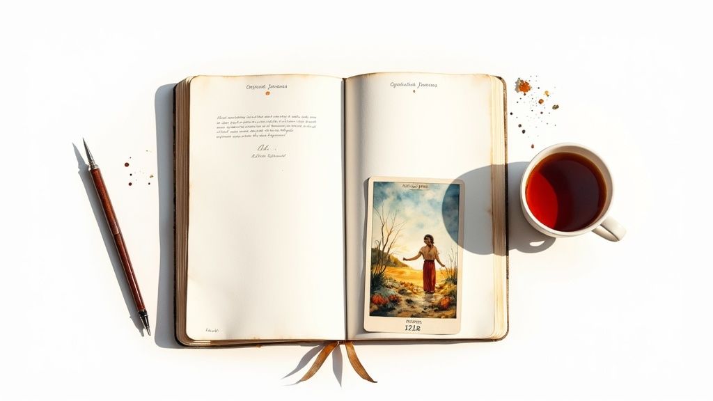 An open journal, a pen, a cup of tea, and a tarot card on a white surface.
