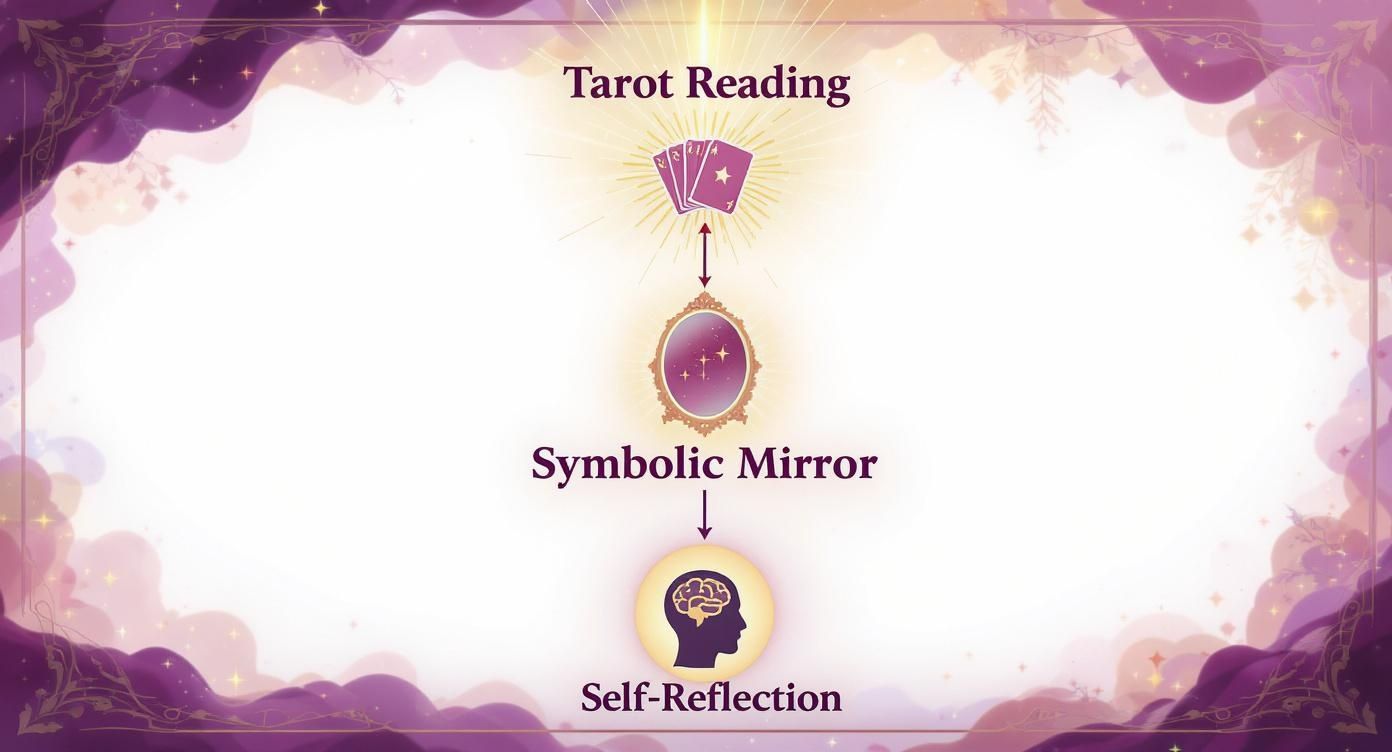 A mystical diagram illustrating the process of tarot reading leading to symbolic mirror and self-reflection.