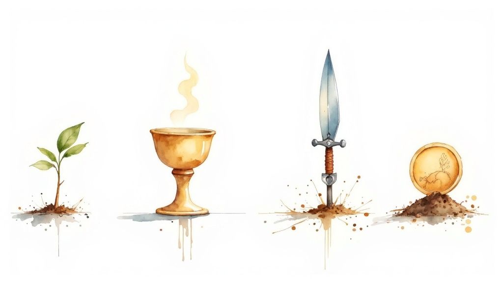 Four watercolor symbols emerge from soil: a green plant, a smoking chalice, a sword, and a gold coin.