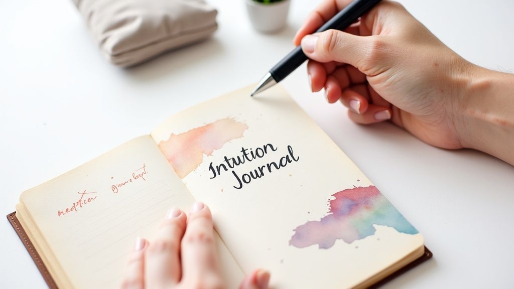 A person writes in an open 'Intuition Journal' with colorful watercolor splashes.