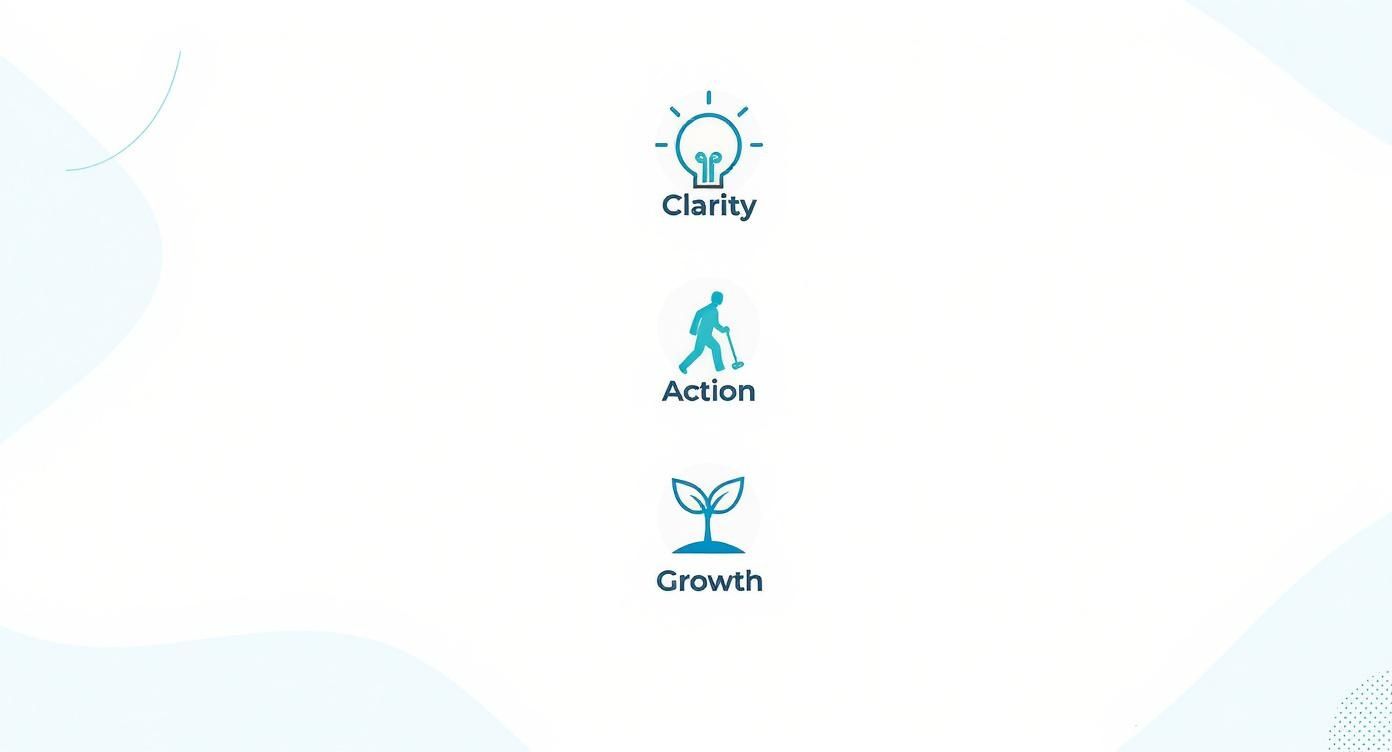 Three blue icons illustrating business concepts: a lightbulb for Clarity, a person with a stick for Action, and a sprout for Growth.