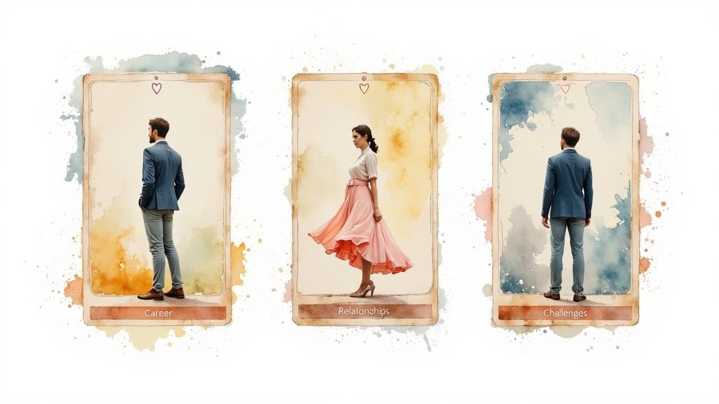 Three watercolor tarot cards representing Career, Relationships, and Challenges, with figures on each.