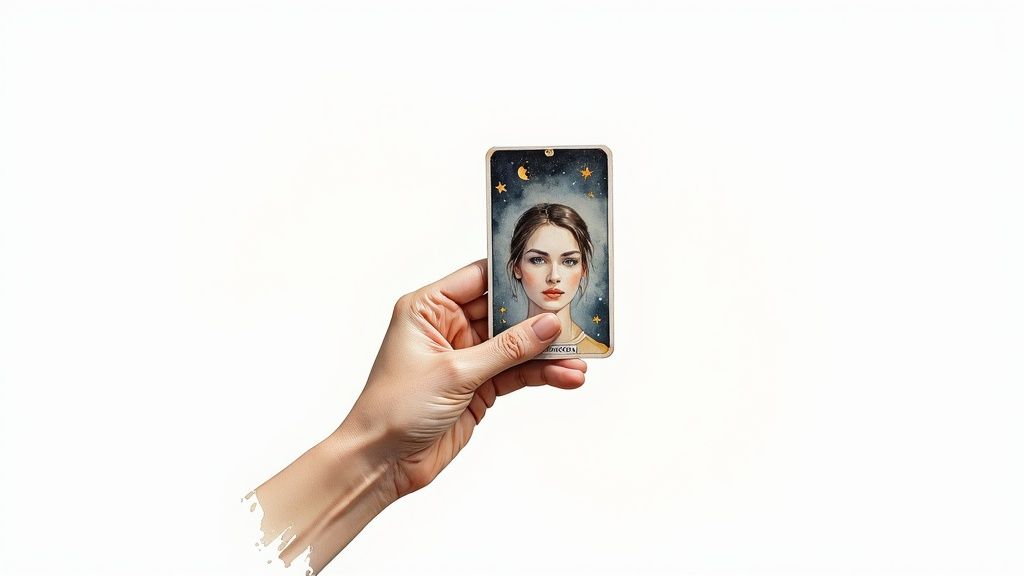 A hand holds a tarot card with a serene woman's portrait against a starry sky.
