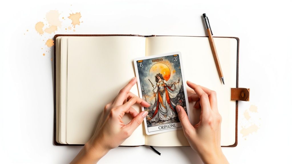 Overhead view of hands holding a tarot card above an open journal and pen.
