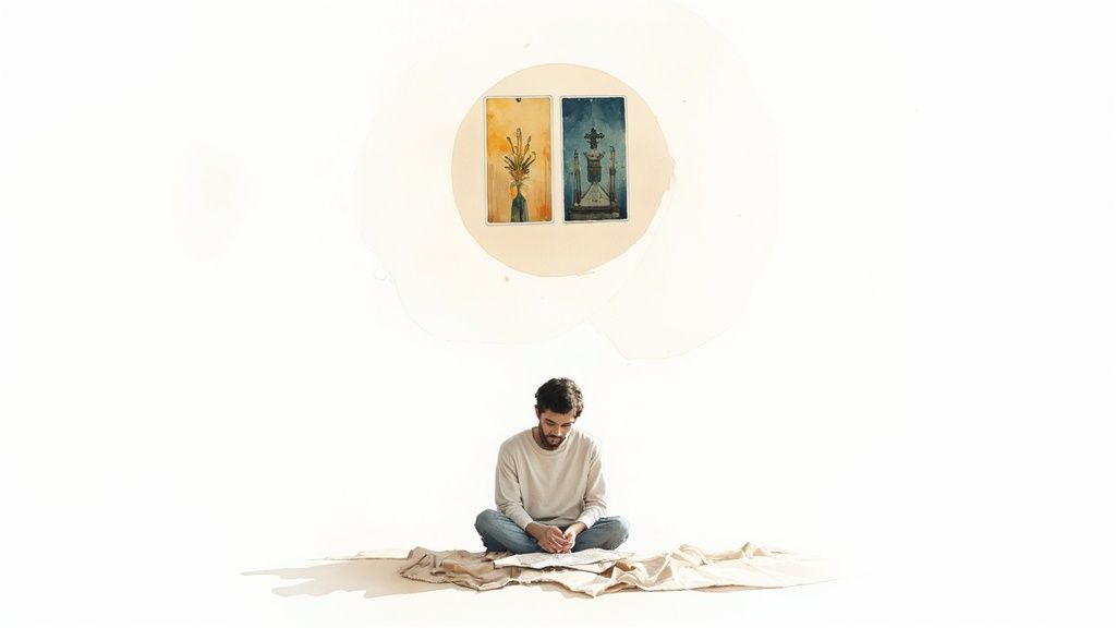 A man sits cross-legged, studying papers, with two tarot cards floating above his head.