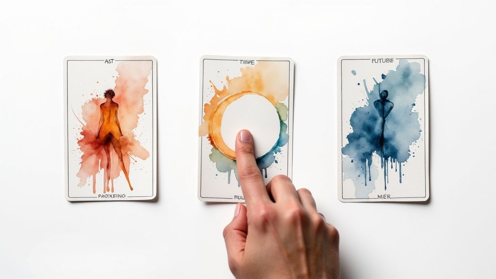 A hand touches the central 'Time' card, flanked by 'Past' and 'Future' spiritual oracle cards.