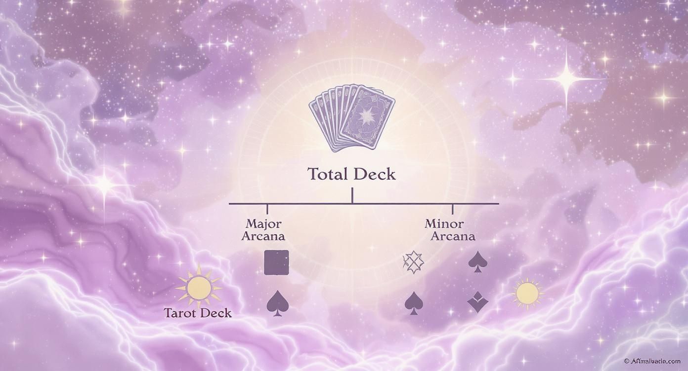 A diagram illustrating the structure of a Tarot deck, categorizing Major and Minor Arcana.