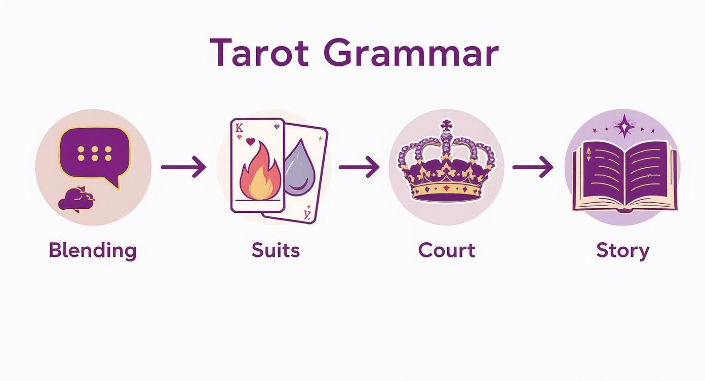 A flowchart titled 'Tarot Grammar' illustrating the process of Blending, Suits, Court, and Story.