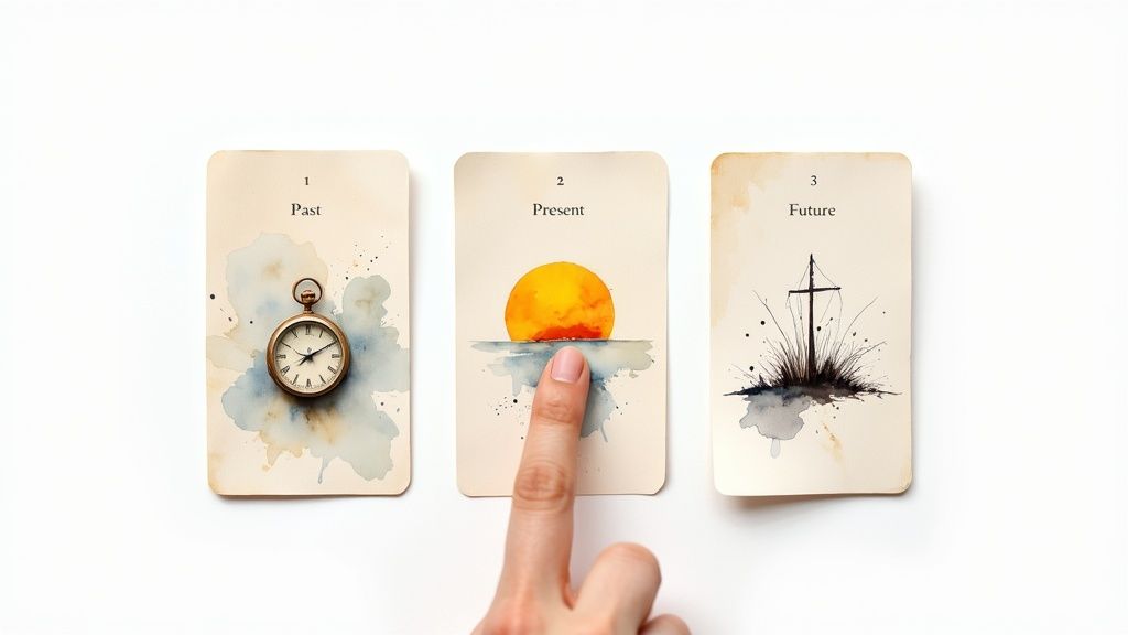 A hand points at a 'Present' card among 'Past' and 'Future' tarot cards with symbolic illustrations.