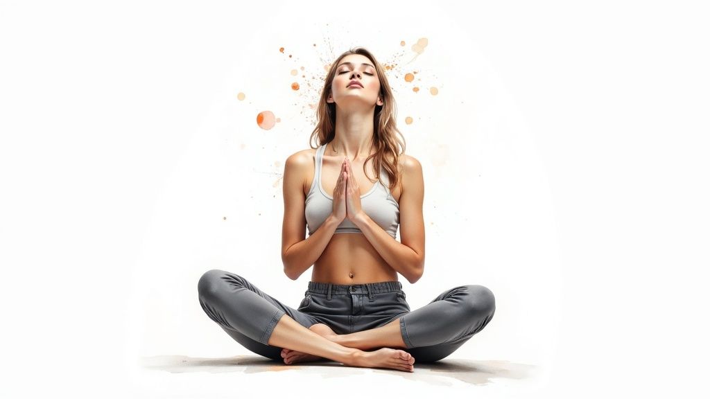 A serene woman meditating in a cross-legged yoga pose with closed eyes and hands pressed together.
