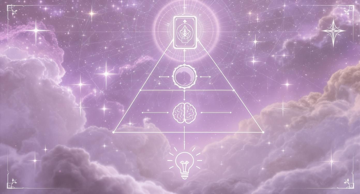 A mystical diagram illustrating the tarot learning process with symbols for card, intuition, mind, and insight.