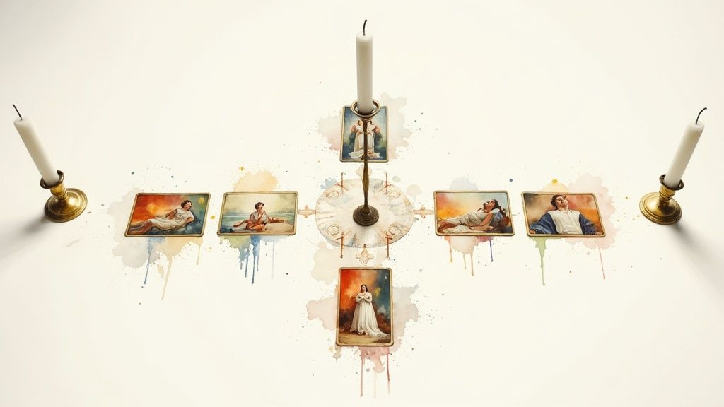 Tarot cards with watercolor splatters arranged in a cross shape with candles on a white surface.