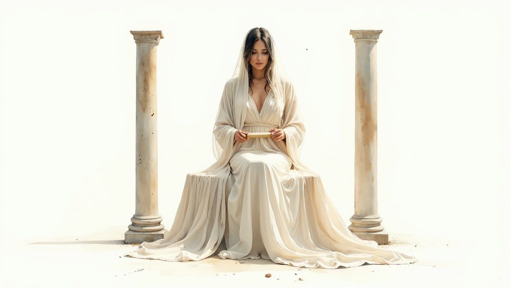 A woman in a white gown sits between two columns, holding a scroll in a serene setting.
