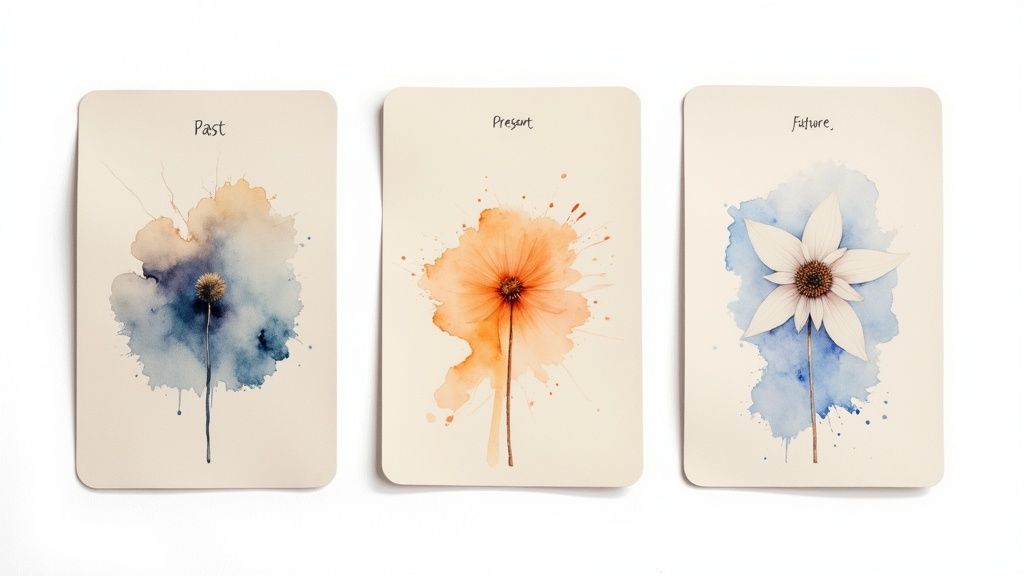Three watercolor cards depicting Past, Present, and Future with unique flower illustrations on each.