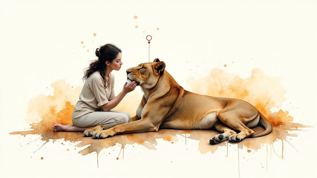 A woman tenderly touches the face of a calm lioness, depicted in a soft watercolor style.