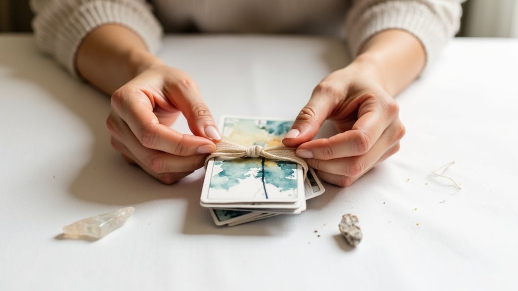 Close-up of hands tying a beige ribbon around a stack of beautifully illustrated tarot cards on a white table.