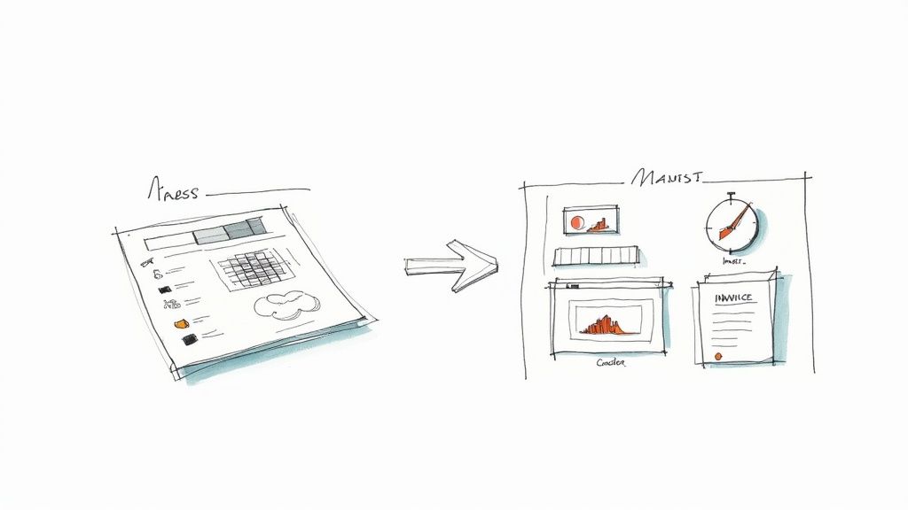 Hand-drawn illustration showing a physical document transforming into a digital dashboard with an invoice and various data visualizations.