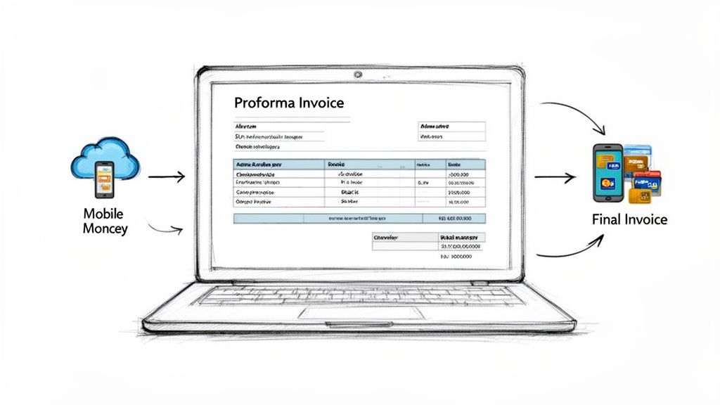 Diagram showing the workflow from mobile money to a proforma invoice on a laptop, leading to a final invoice.