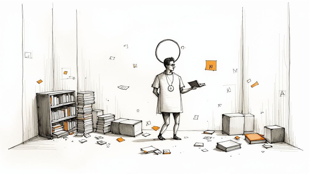 An illustration of a person with a halo reading a book surrounded by scattered books and papers.