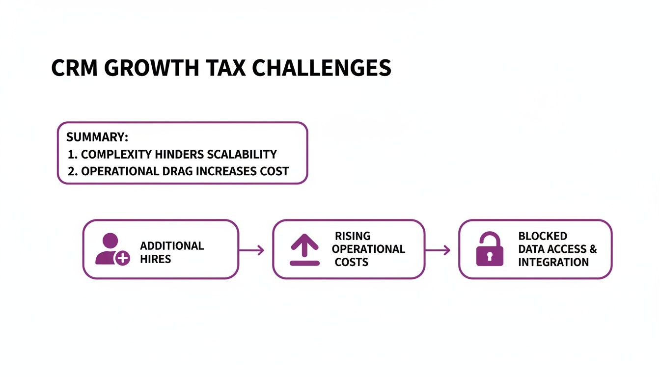Diagram showing CRM growth tax challenges: additional hires, rising operational costs, and blocked data access.