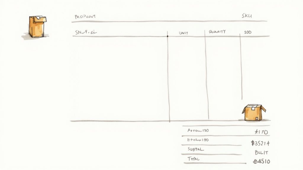 A hand-drawn sketch of an invoice or receipt, showing product details, quantities, and prices, with cartoon boxes.