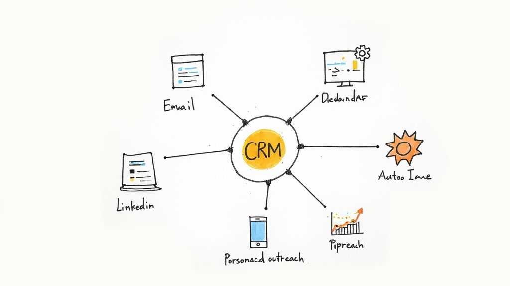 A sales consultant using a tablet and laptop in a modern office, with data visualisations on screen.