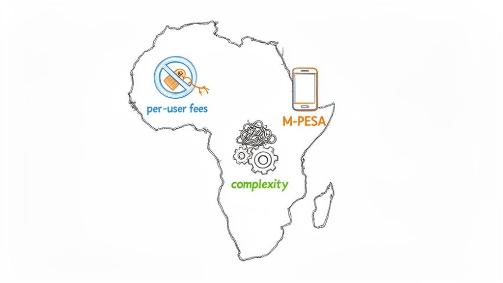 Outline map of Africa showing 'no per-user fees', 'M-PESA' on a phone, and 'complexity' with gears.
