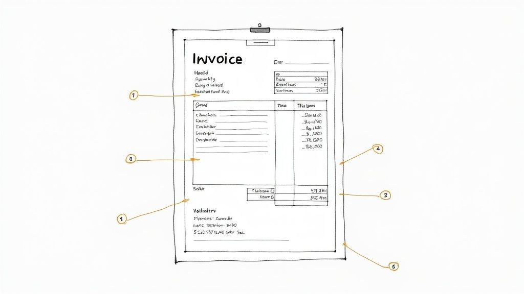 Screenshot of a sample pro forma invoice example detailing fields like seller and buyer info, item descriptions, and costs.
