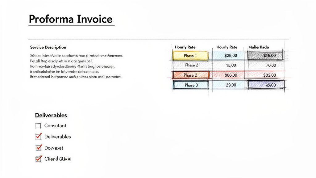 A sketch-style proforma invoice detailing service descriptions, hourly rates for phases, and deliverables.
