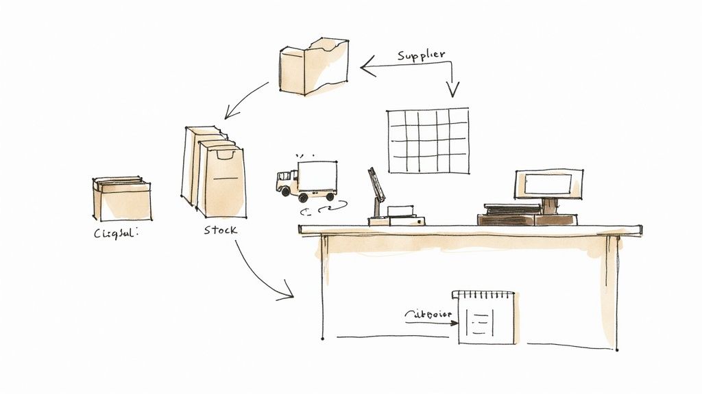 Inventory management workflow diagram showing supplier stock delivery process and customer orders at desk