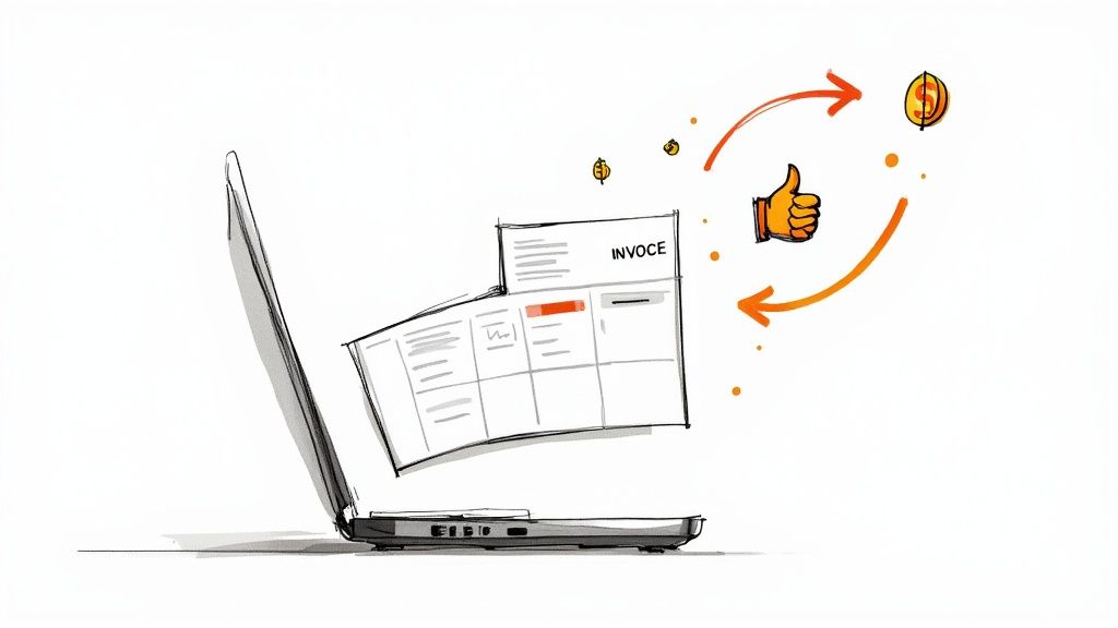 A person smiling while reviewing invoices on a laptop, indicating successful and stress-free payment collection.